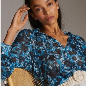 ANTHROPOLOGIE Sheer Printed Peasant Blouse XS